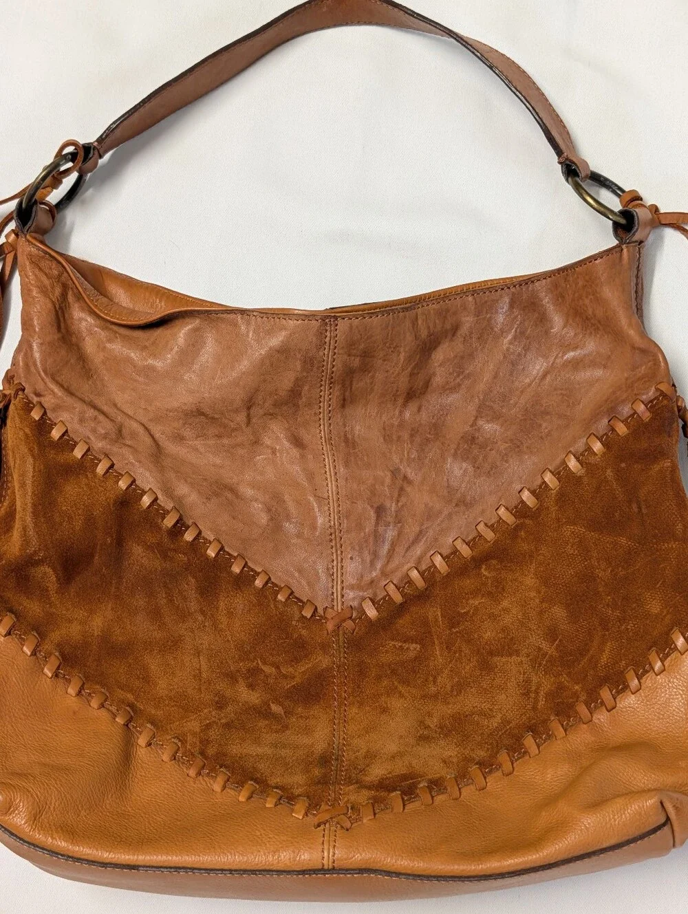 Johnny Was Brown and Tan Leather Suede Fringe Shoulder Bag